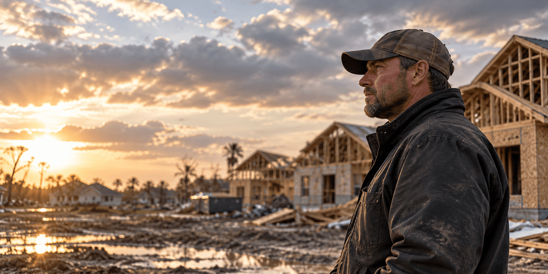 A home professional reviewing a storm-affected building site